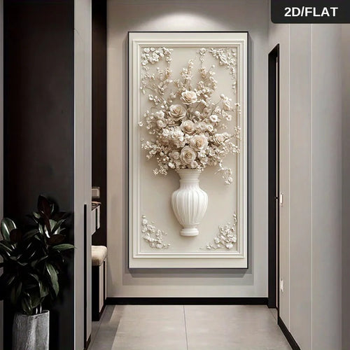 Abstract Floral Vase Wall Art Unframed Canvas Print – Cream 3D‑Style Botanical Relief Design for Modern Elegant Foyer Decor