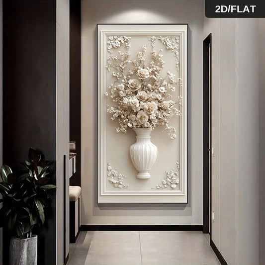 Abstract Floral Vase Wall Art Unframed Canvas Print – Cream 3D‑Style Botanical Relief Design for Modern Elegant Foyer Decor