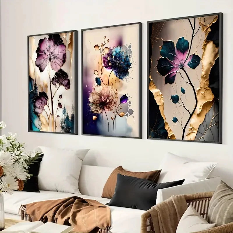 Set of 3Pcs Dreamy Purple Beige Cyan Floral Abstract Wall Art Fine Art Canvas Prints - Modern Botanical Pictures For Living Room Dining Room Wall Decor For Boutique Hotel Room