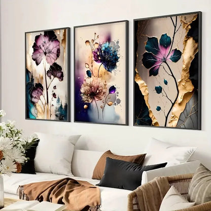 Set of 3Pcs Dreamy Purple Beige Cyan Floral Abstract Wall Art Fine Art Canvas Prints - Modern Botanical Pictures For Living Room Dining Room Wall Decor For Boutique Hotel Room
