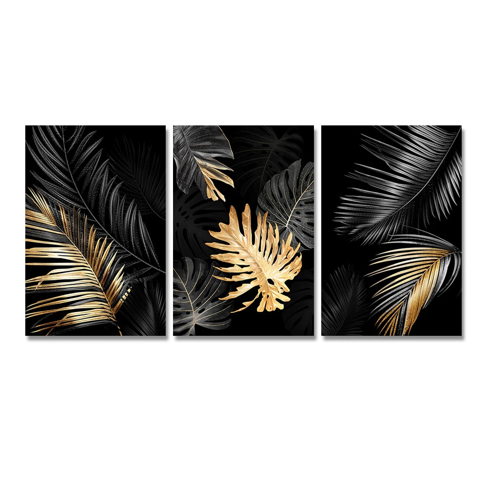 Set of 3PCs Golden Monstera Wall Art Fine Art Canvas Prints - Modern Tropical Botanical Pictures For Living Room Dining Room Art For Contemporary Interiors
