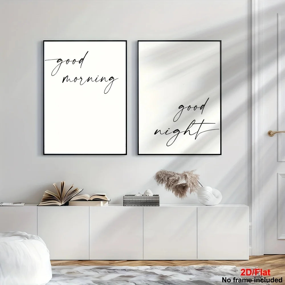Black White “Good Morning” & “Good Night” Text Canvas Print Wall Art – Minimalist Neutral Typography Decor for Scandinavian Home Styling