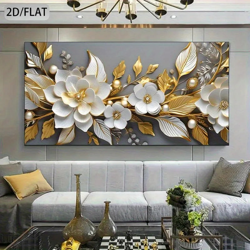 Large Unframed Canvas White Golden Floral Design, High-Quality Printing, for Living Room, Bedroom, Office Decor, Canvas Wall Art