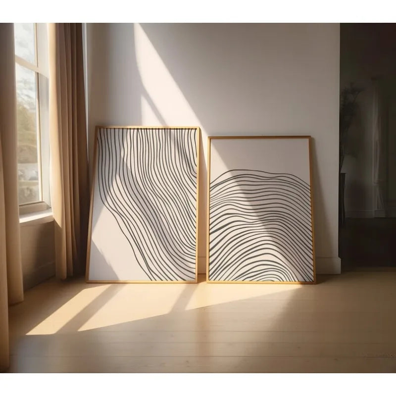 Large Minimalist Black Wavy Line Art Unframed Canvas Print on Neutral Beige Background for Modern Scandinavian Living Room and Contemporary Home Wall Décor