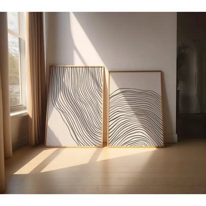 Large Minimalist Black Wavy Line Art Unframed Canvas Print on Neutral Beige Background for Modern Scandinavian Living Room and Contemporary Home Wall Décor