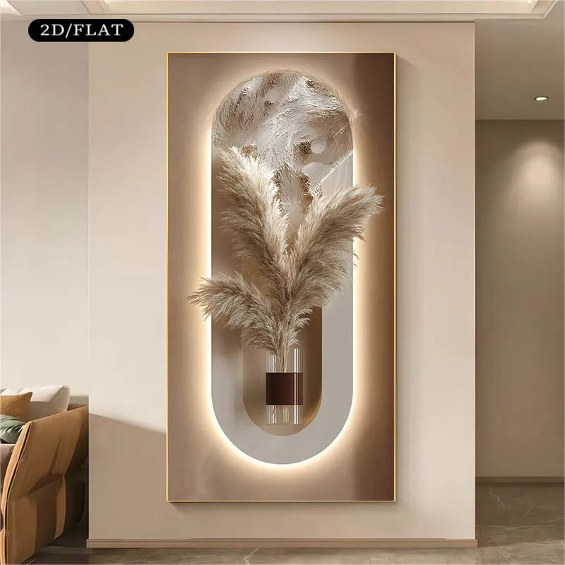 Modern Pampas Grass Wall Art – Luxury Backlit Arch Design with Neutral Textured Vase for Elegant Hallway & Minimalist Home Decor