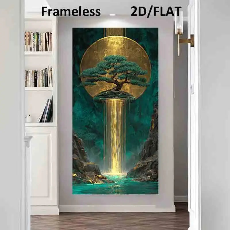 Golden Waterfall Auspicious Wall Art Unframed Canvas Print – Surreal Golden Sun & Turquoise Nature Scene for Modern Living Room Foyer Decor
