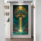 Golden Waterfall Auspicious Wall Art Unframed Canvas Print – Surreal Golden Sun & Turquoise Nature Scene for Modern Living Room Foyer Decor