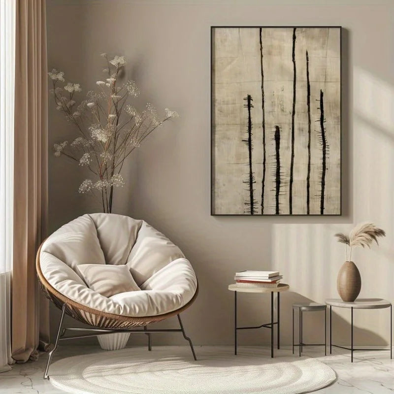Japandi Abstract Brushstroke Canvas Print Wall Art – Black Ink Vertical Strokes on Neutral Beige Background - Art for Zen Living, Meditation Space