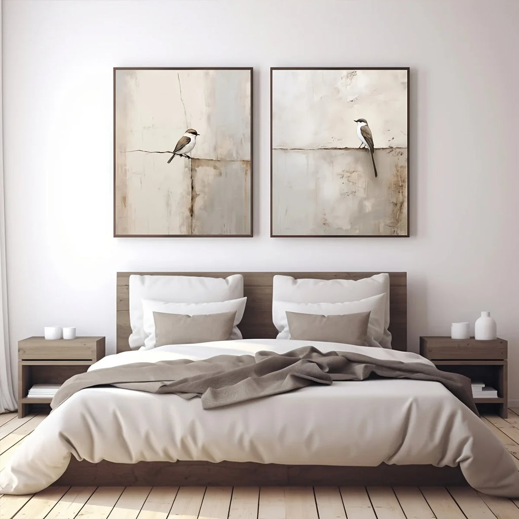 Neutral Bird Wall Art Set – Soft Beige & Gray Minimalist Bird Illustration Prints – Modern Artworks for Living Room, Entryway & Bedroom Decor