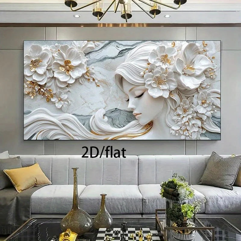 Elegant Floral Goddess Woman Wall Art – White & Golden Flower Hair Design – Canvas Print Artwork for Hair & Beauty Salon and Spa Wall Décor