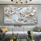 Elegant Floral Goddess Woman Wall Art – White & Golden Flower Hair Design – Canvas Print Artwork for Hair & Beauty Salon and Spa Wall Décor