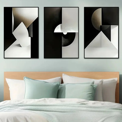 Set of 3Pcs Modern Geometry Bold Grey Black Abstract Geometric Wall Art Fine Art Canvas Prints - Art For Modern Apartment Living Room Bedroom Home Office Decor