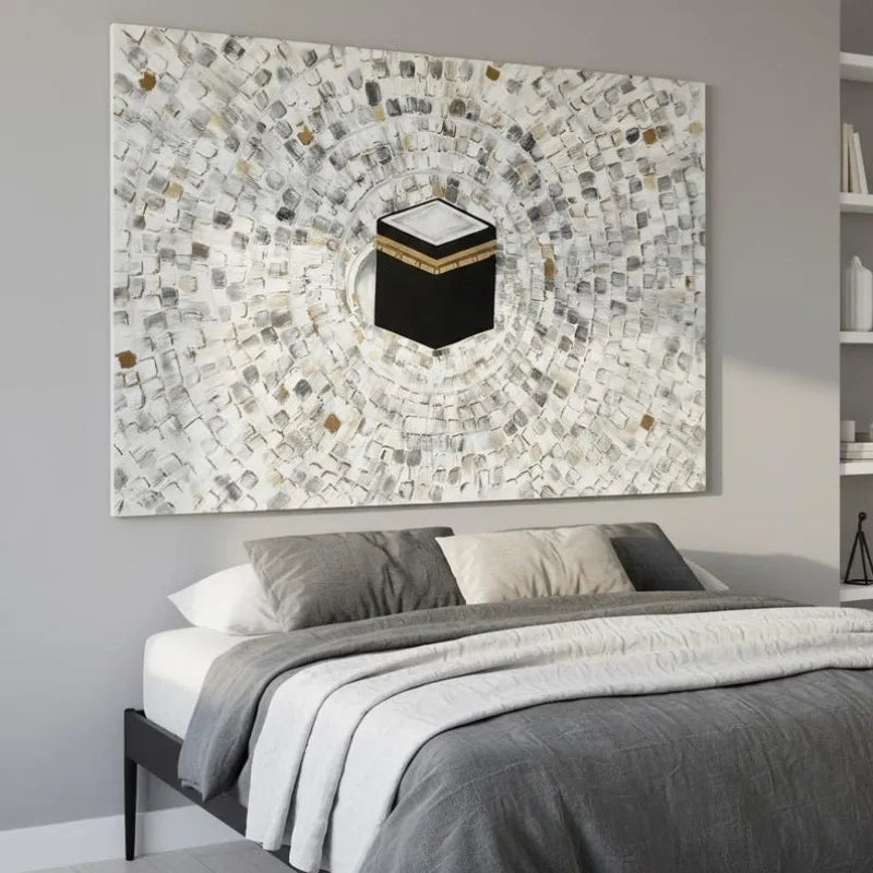 Kaaba Islamic Canvas Print Wall Art – Modern Neutral Mecca Illustration with Gold Accents for Living Room, Prayer Space & Contemporary Home Décor