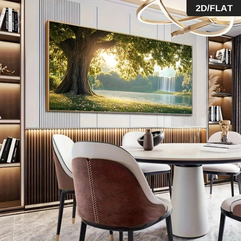Frameless Modern Canvas Wall Art Trees Waterfall Nature Scene, Large Size Painting for Living Room, Bedroom Decor Artwork