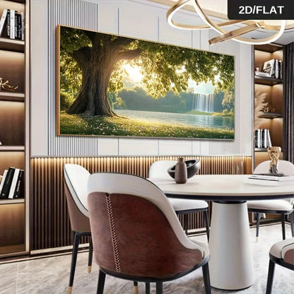 Frameless Modern Canvas Wall Art Trees Waterfall Nature Scene, Large Size Painting for Living Room, Bedroom Decor Artwork
