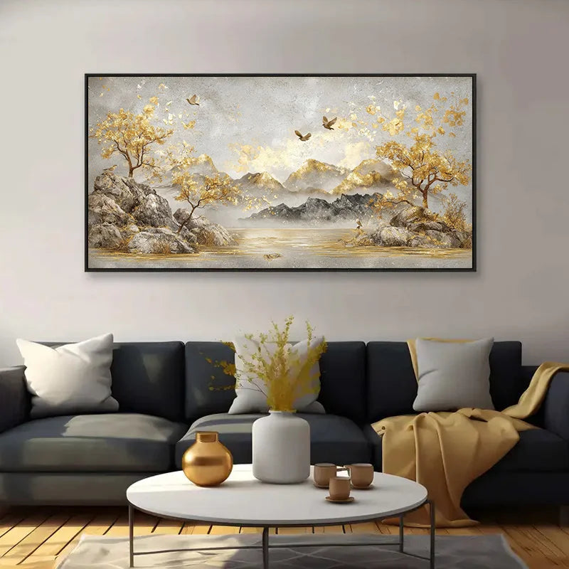 Large Modern Abstract Canvas Wall Art Mountain Landscape with Trees, Birds Frameless Decor, Extra Long Up Modern Home Decoration