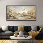 Large Modern Abstract Canvas Wall Art Mountain Landscape with Trees, Birds Frameless Decor, Extra Long Up Modern Home Decoration