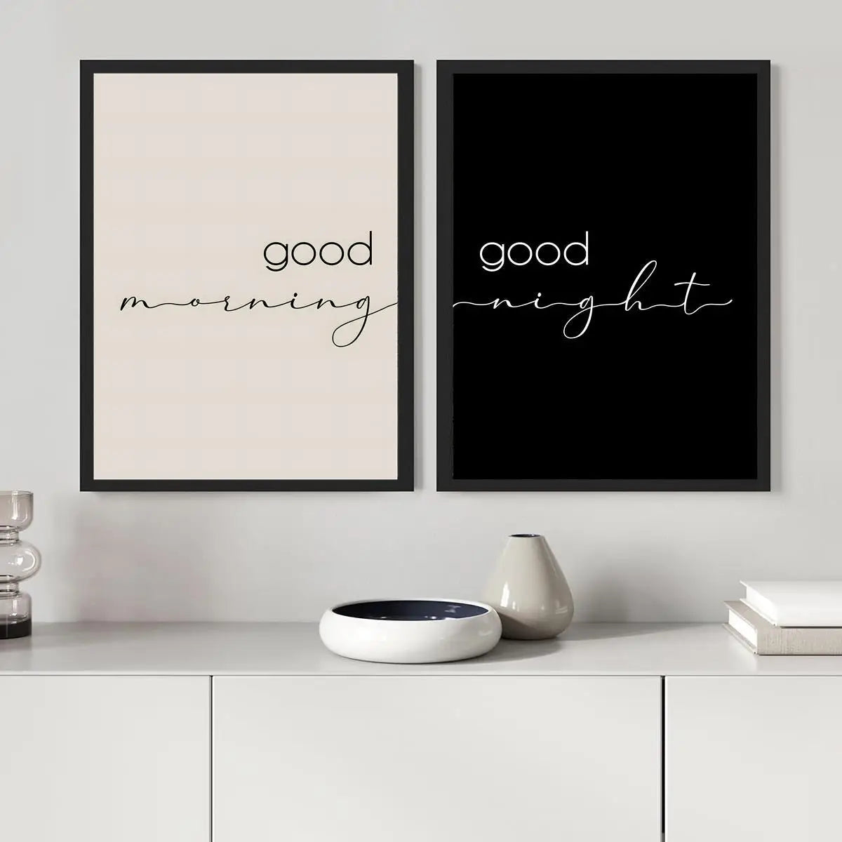 Good Morning & Good Night Typography Canvas Print Set – Minimalist Black & White Wall Art for Kitchen, Coffee Bar & Bedroom Décor