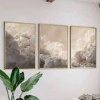 Soft Neutral Cloudscape Wall Art Set – Atmospheric Gray & Cream Sky Panorama – Canvas Prints for Minimalist Living Room Decor