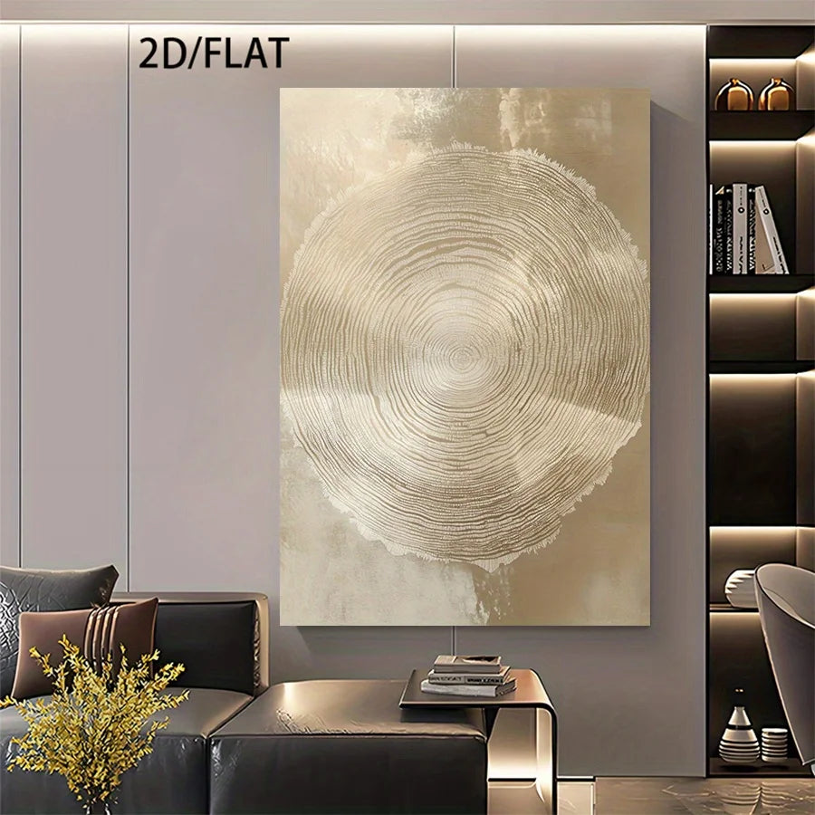 Minimalist Tree Ring Wall Art – Textured Beige Circular Wood Grain Design – Neutral Canvas Print for Modern Hallway, Foyer Art Decor