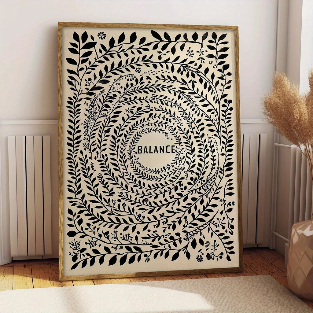 Balance Botanical Mandala Canvas Print Wall Art – Minimalist Black Leaf Circle Design on Neutral Beige Background for Modern  Home Décor