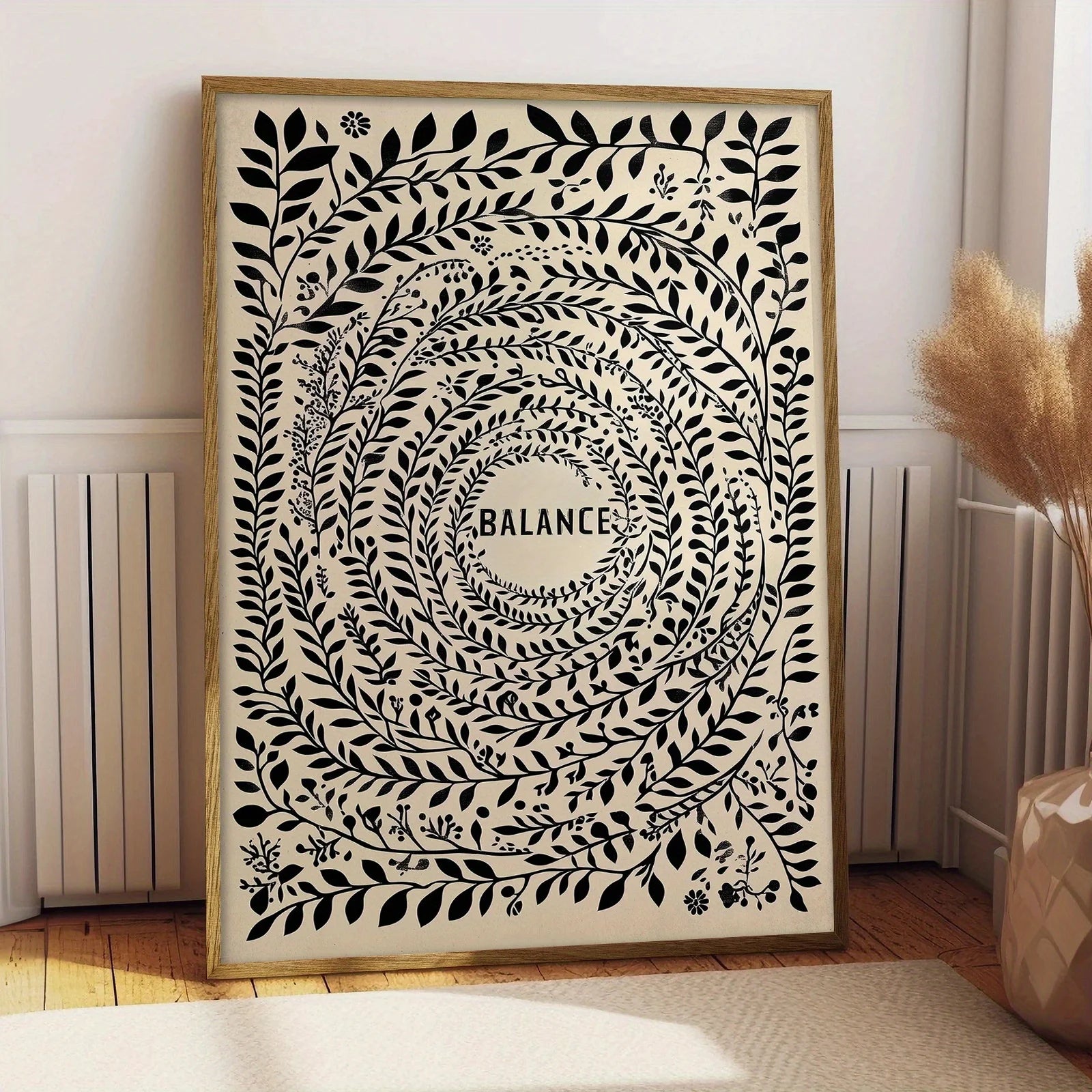 Balance Botanical Mandala Canvas Print Wall Art – Minimalist Black Leaf Circle Design on Neutral Beige Background for Modern  Home Décor