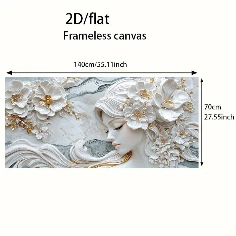 Elegant Floral Goddess Woman Wall Art – White & Golden Flower Hair Design – Canvas Print Artwork for Hair & Beauty Salon and Spa Wall Décor