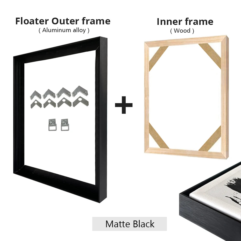 Slim Metal Bezel Floating Canvas Picture Frame Brushed Gold Silver Sizes 60x90, 50x70, 40x50cm etc DIY Framing Kit Includes Outer Metal Frame + Inner Wood Frame