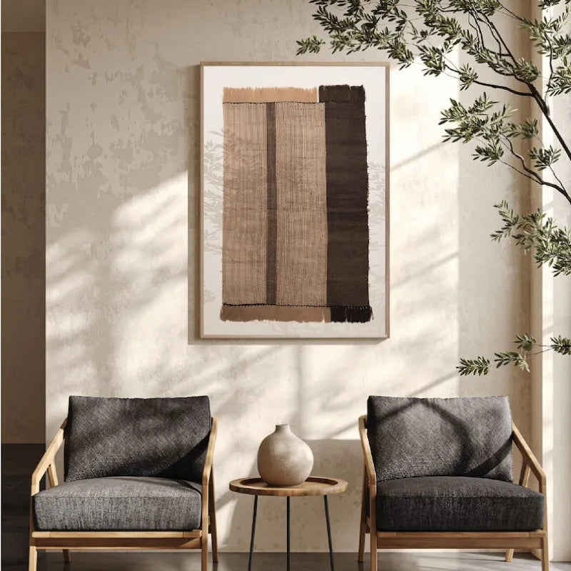 Large Unframed Woven Textile Stripe Pattern Canvas Print Wall Art in Neutral Beige and Brown Tones for Modern Minimalist Living Room