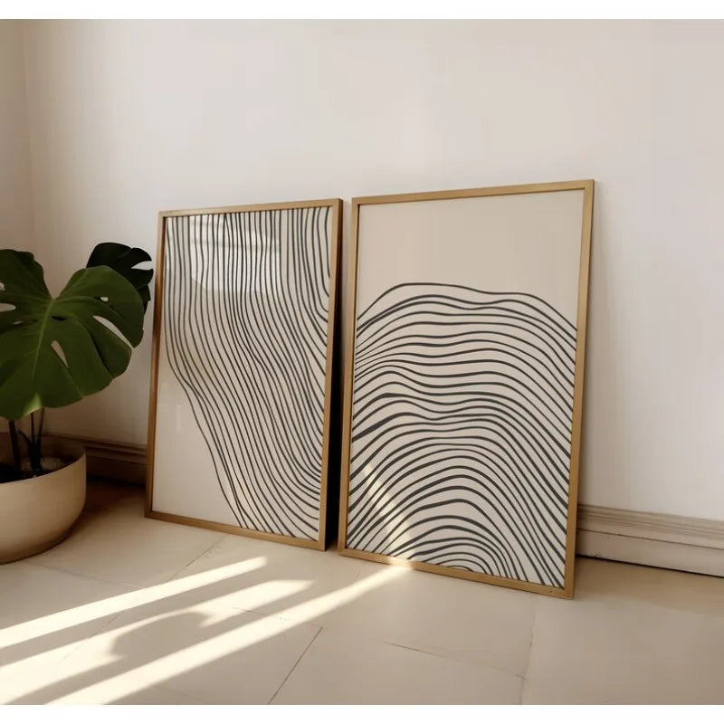 Large Minimalist Black Wavy Line Art Unframed Canvas Print on Neutral Beige Background for Modern Scandinavian Living Room and Contemporary Home Wall Décor