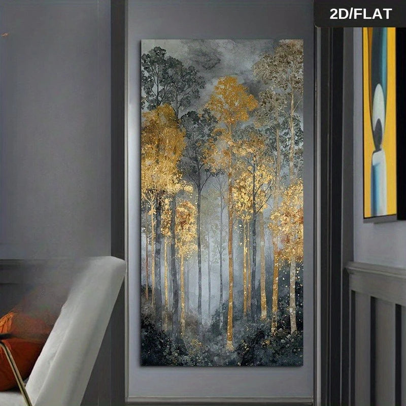 Golden Autumn Forest Unframed Canvas Wall Art – Vertical Format Landscape Print Misty Woodland Nature Painting for Modern Hallway