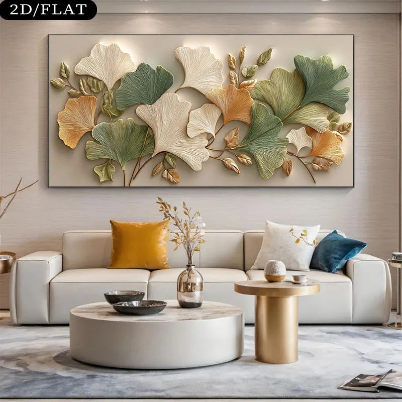 Ginkgo Leaf Canvas Print Unframed Wall Art – Green Gold & Beige Botanical Design for Elegant Living Room Home Decor & Interior Styling