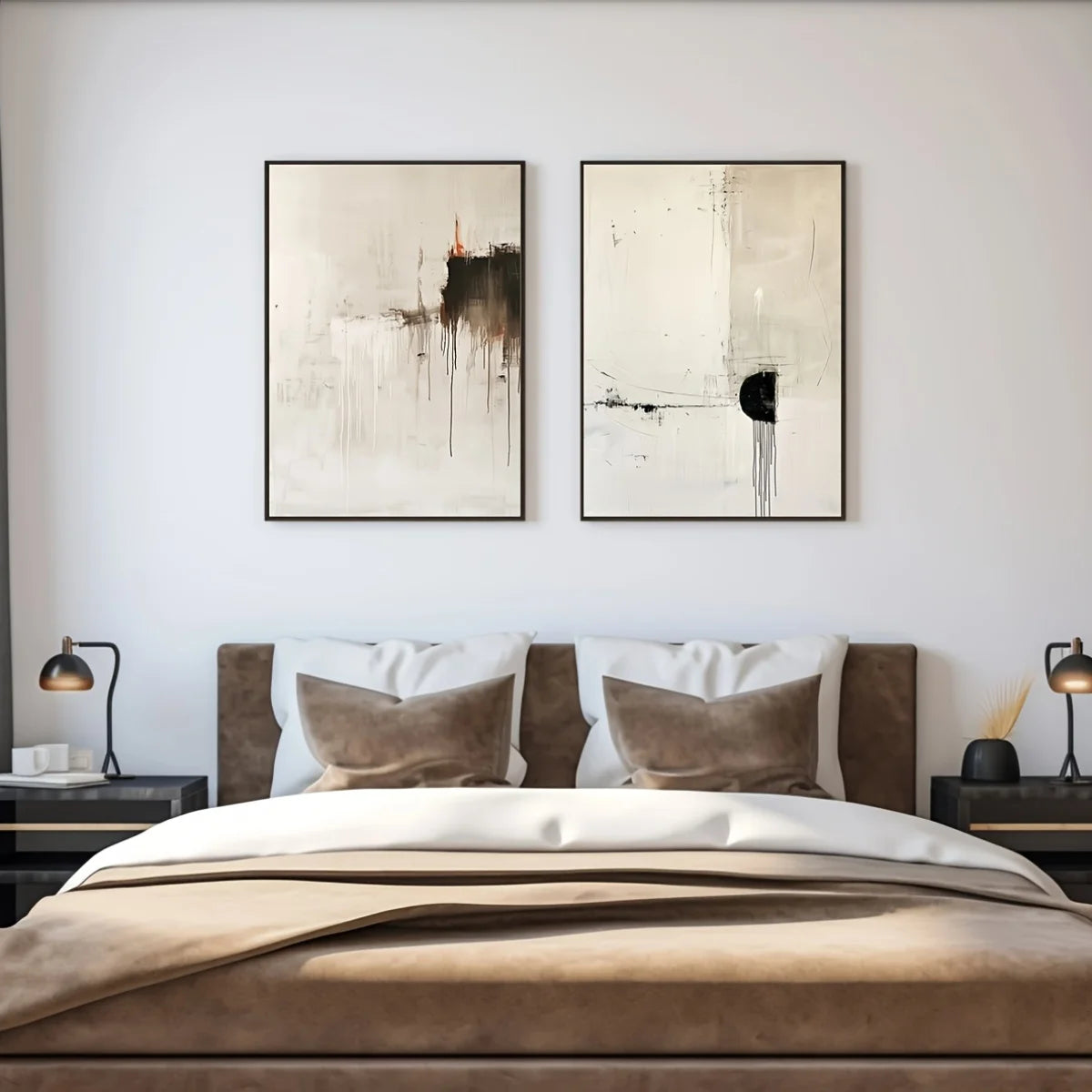 Large 2‑Panel Minimalist Abstract Drip Canvas Print Wall Art – Neutral Beige & Black Unframed Contemporary Painting for Stylish Living Room Decor