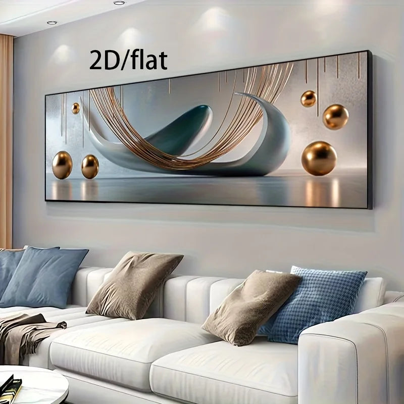 Modern Teal & Bronze Abstract Wall Art – Metallic Sphere & Curved Line Design – Wide Format Modern Aesthetics Artwork for Above the Sofa