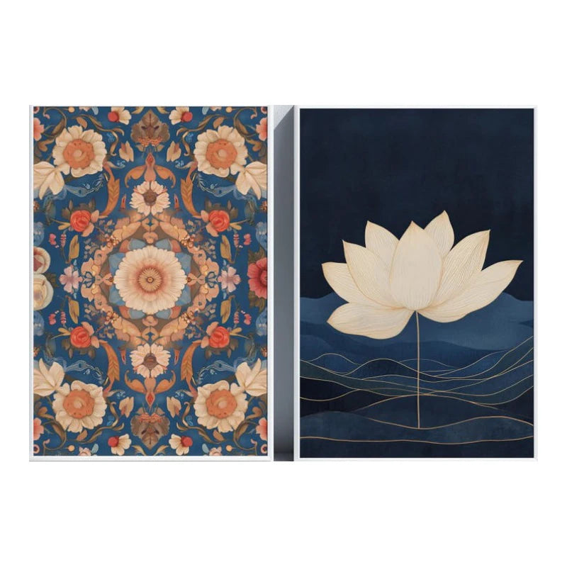 Large Unframed Lotus Flower and Mandala Pattern Canvas Print Wall Art for Modern Boho Living Room and Contemporary Home Décor Styling