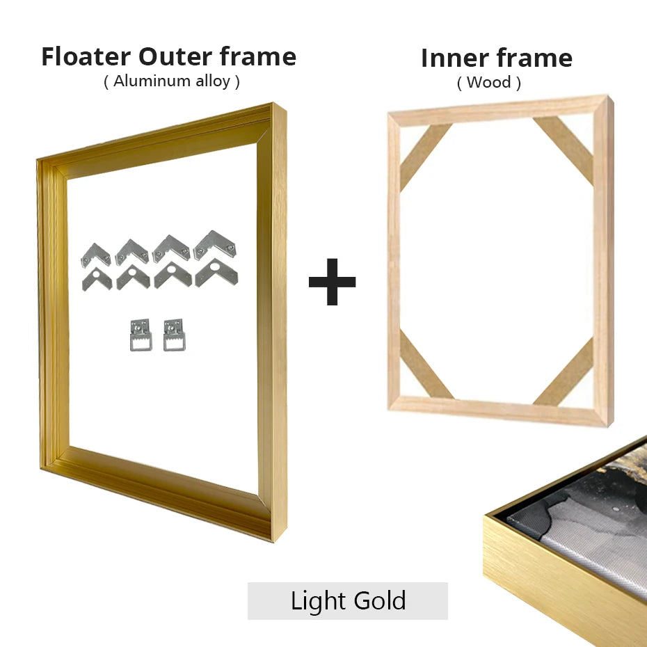 Slim Metal Bezel Floating Canvas Picture Frame Brushed Gold Silver Sizes 60x90, 50x70, 40x50cm etc DIY Framing Kit Includes Outer Metal Frame + Inner Wood Frame
