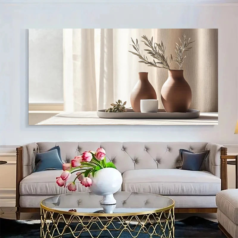 Mediterranean Vase Still Life Wall Art Fine Art Canvas Prints - Neutral Color Tones Contemporary Art For Living Room Dining Room Art For Modern Home Decor