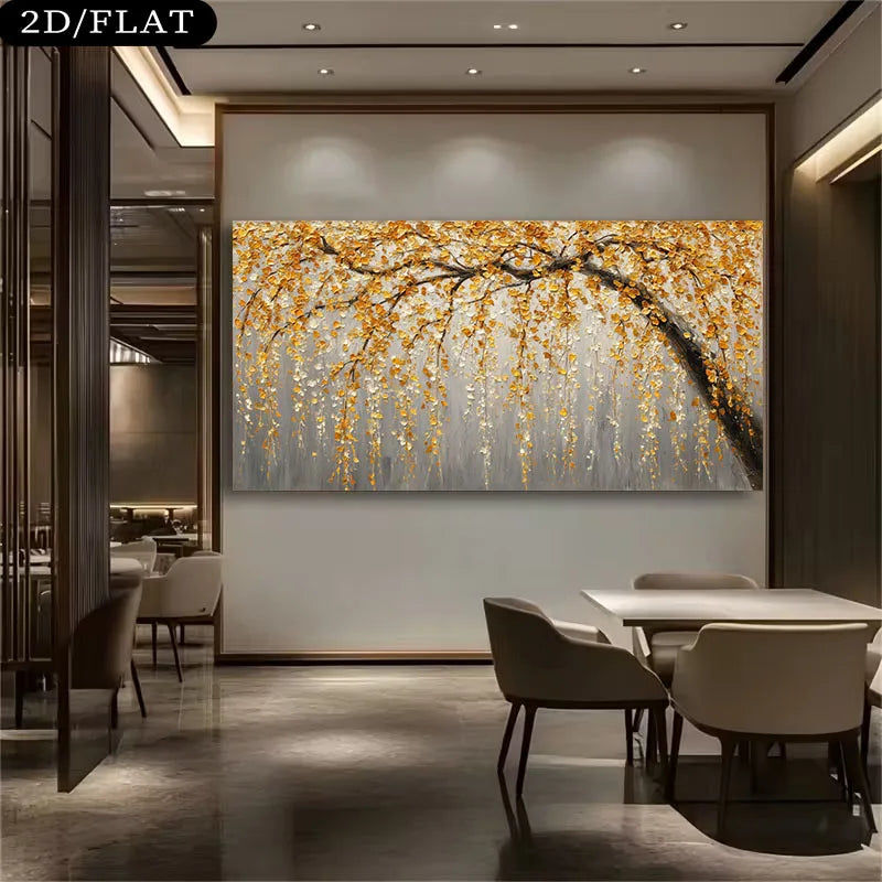 Golden Tree Branch Leaves Wall Art – Luxury Neutral Botanical Unframed Canvas Print for Modern Living Room Auspicious Home Interior Styling