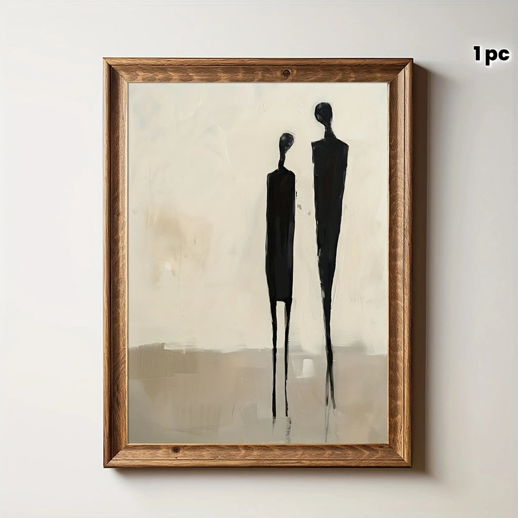 Large Minimalist Abstract Figures Canvas Print Wall Art – Neutral Black & Beige Unframed Modern Painting for Contemporary Living Room Decor
