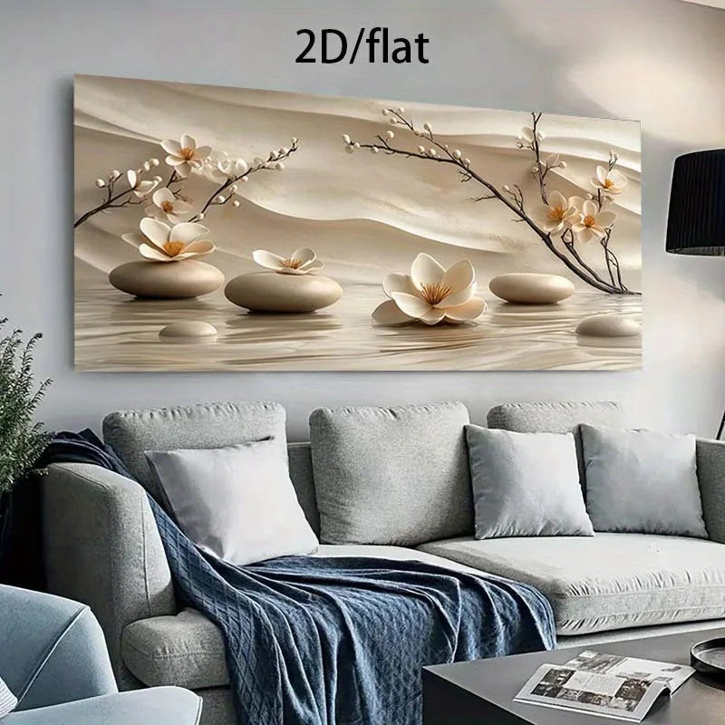 Frameless Modern Canvas Wall Art Flowers & Stones Nature Painting, for Living Room, Bedroom, Home Office, Canvas Wall Art Decor