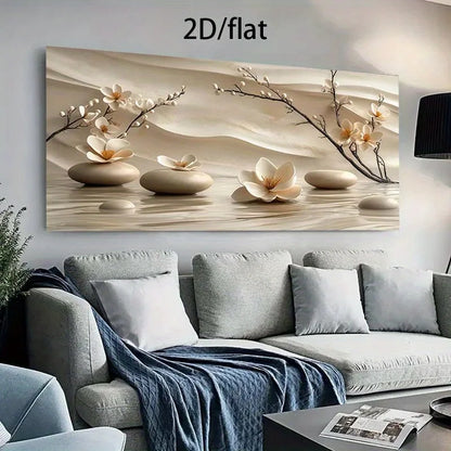 Frameless Modern Canvas Wall Art Flowers & Stones Nature Painting, for Living Room, Bedroom, Home Office, Canvas Wall Art Decor