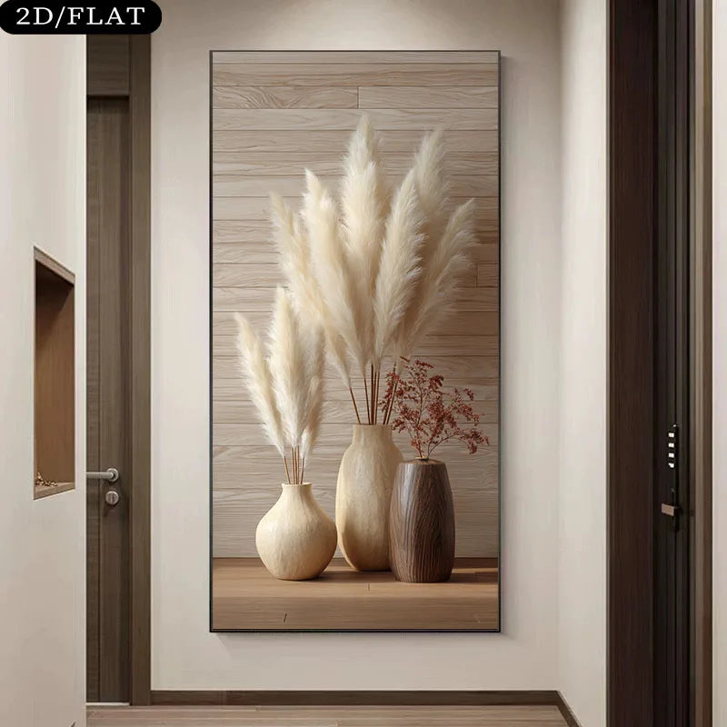 Pampas Grass Vase Unframed Canvas Print Wall Art – Minimalist Neutral Boho Decor with Beige & Brown Ceramic Vases for Modern Hallway
