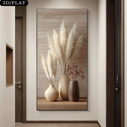 Pampas Grass Vase Unframed Canvas Print Wall Art – Minimalist Neutral Boho Decor with Beige & Brown Ceramic Vases for Modern Hallway