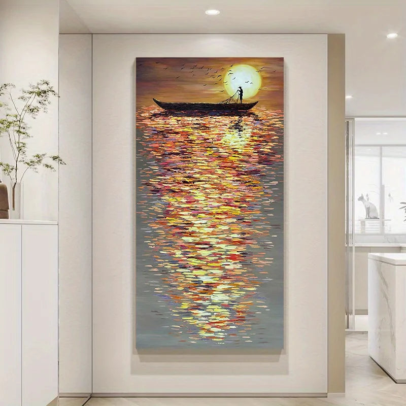 Sunset Boat Reflection Wall Art – Vibrant Impressionist Water & Horizon Scene – Colorful Unframed Canvas Print for Modern Living Room Decor