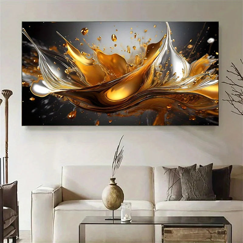 Modern Gold & Silver Liquid Splash Abstract Canvas Wall Art – Luxury Unframed Art For Contemporary Apartment Living Room Decor