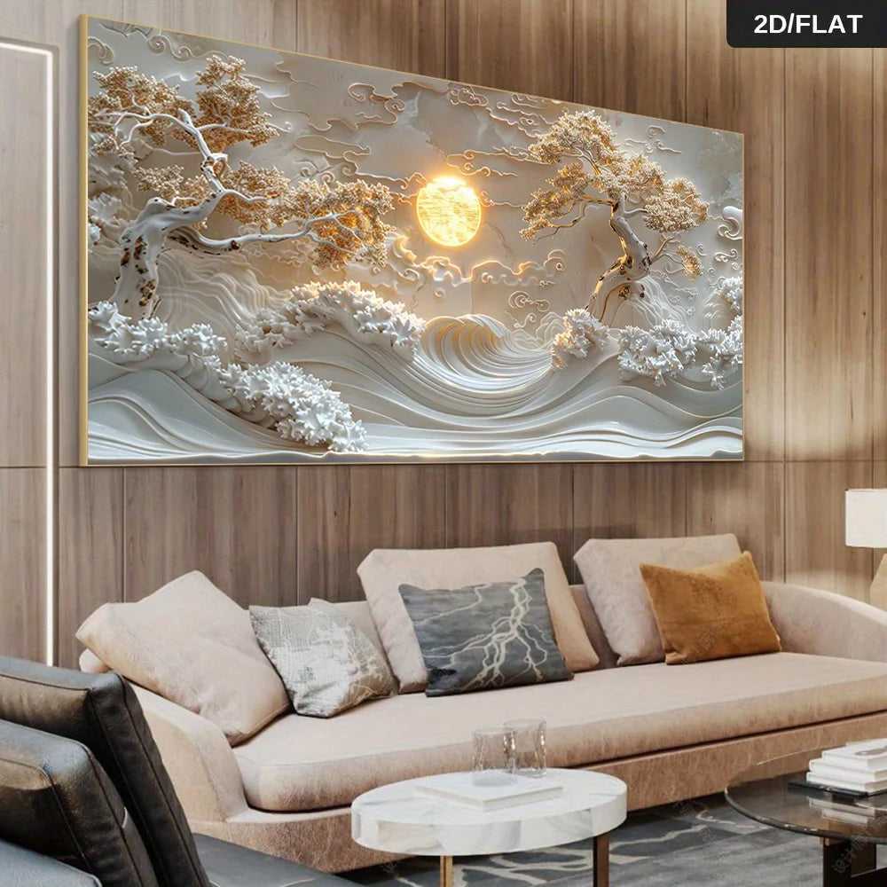 Modern Abstract Golden Moonlit Trees Landscape Canvas Wall Art Unframed Contemporary Home Decor for Living Room, Bedroom Decor