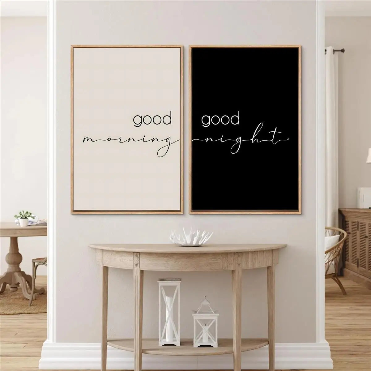 Good Morning & Good Night Typography Canvas Print Set – Minimalist Black & White Wall Art for Kitchen, Coffee Bar & Bedroom Décor