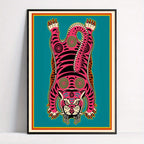 Pink Tibetan Tiger Rug‑Inspired Wall Art – Bold Symmetrical Tiger Design with Teal Background – Cultural Abstract Artwork for Modern Interiors