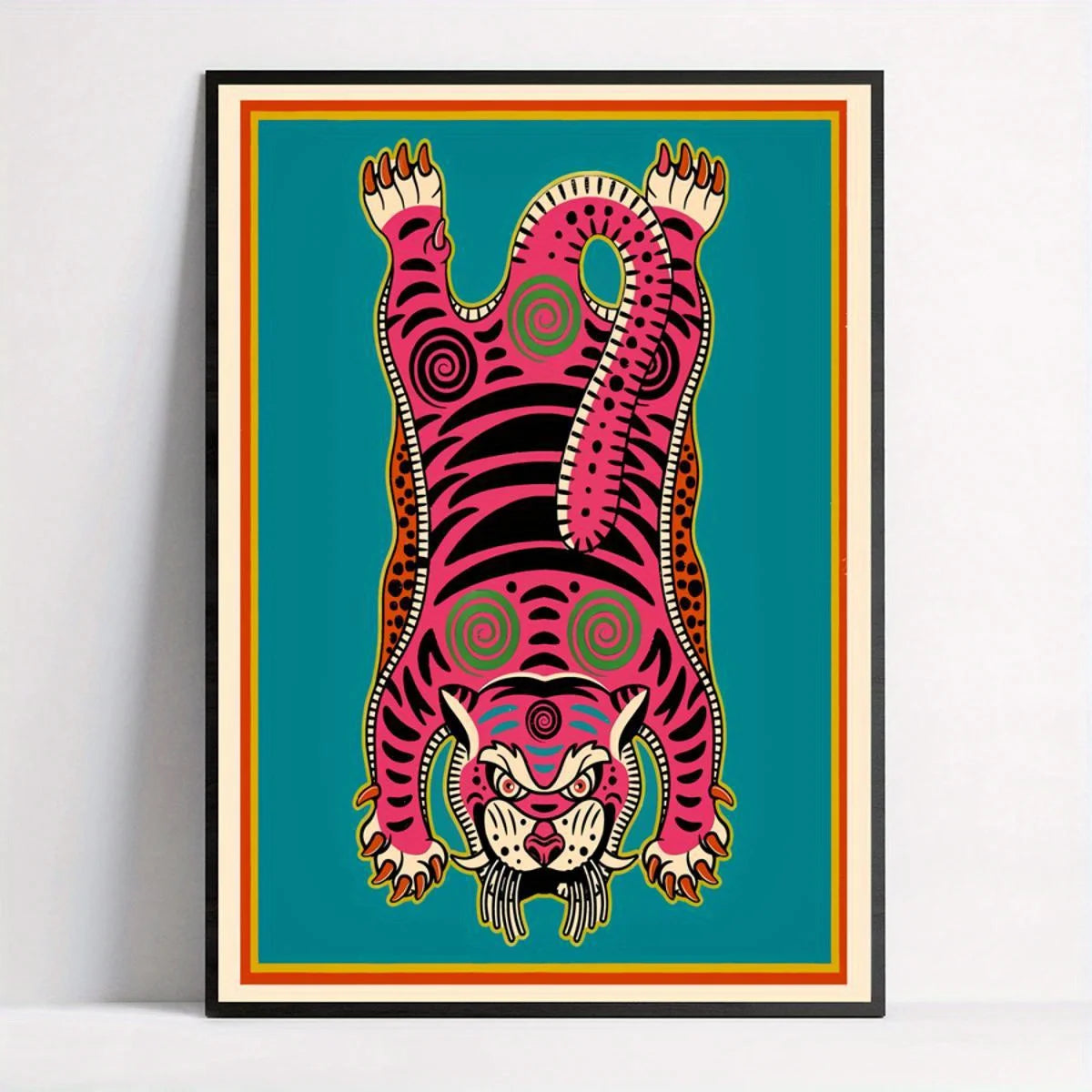 Pink Tibetan Tiger Rug‑Inspired Wall Art – Bold Symmetrical Tiger Design with Teal Background – Cultural Abstract Artwork for Modern Interiors